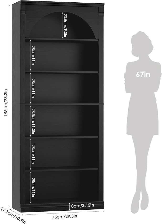 FACBOTALL 73" Tall Arched Bookcase and Bookshelf, Farmhouse Book Shelf with 6 Tiers Open Shelves, Arched Cabinet for Media CD DVD Storage, Wooden Tall Bookcase for Living Room, Home Office, Black