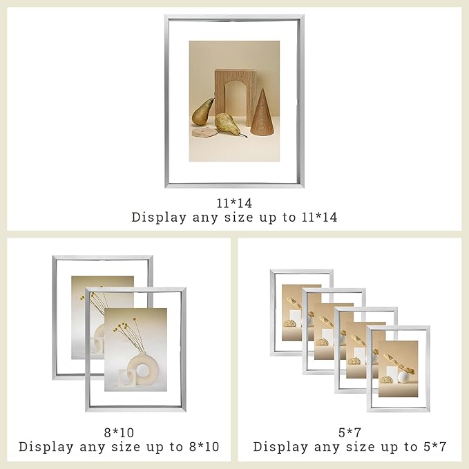 Frametory, Floating Picture Frames Set - Silver Metal Photo Frames - Real Glass - Displays One 11X14, Two 8X10, And Four 5X7 Inch Photos for Home Decoration