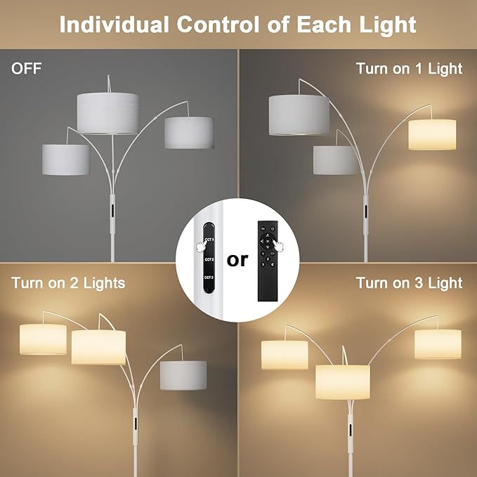 36W Dimmable Floor Lamp - 3 Lights Arc Floor Lamps Standing Lamp with Remote & Touch Control, Tall Lamp for Living Room Corner, Bedroom, Office