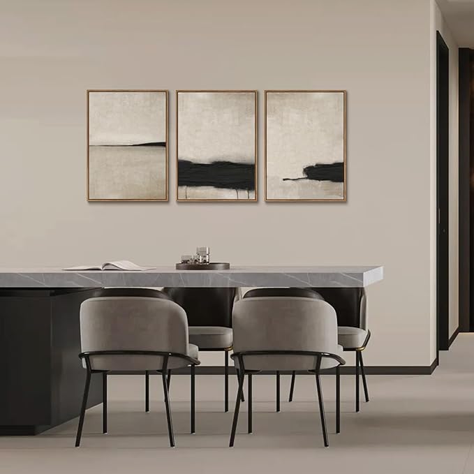 myusuar 3 Piece Large Modern Abstract Canvas Framed Wall Art For Living Room, Black And Beige Vintage Minimalist Wall Art Decor Posters Prints For Bedroom Office 12x16in