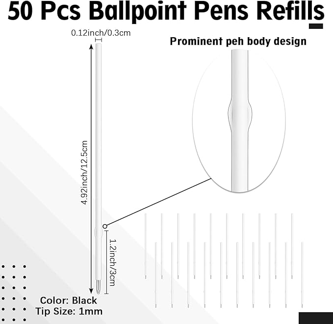 50 Pcs 1mm Retractable Ballpoint Pen Refills Bulk 4.92 Inch Replacement Ballpoint Ink Pen Refills Smooth Writing for Click Ball Point Pens School Office Supplies(Black Ink,Classic)