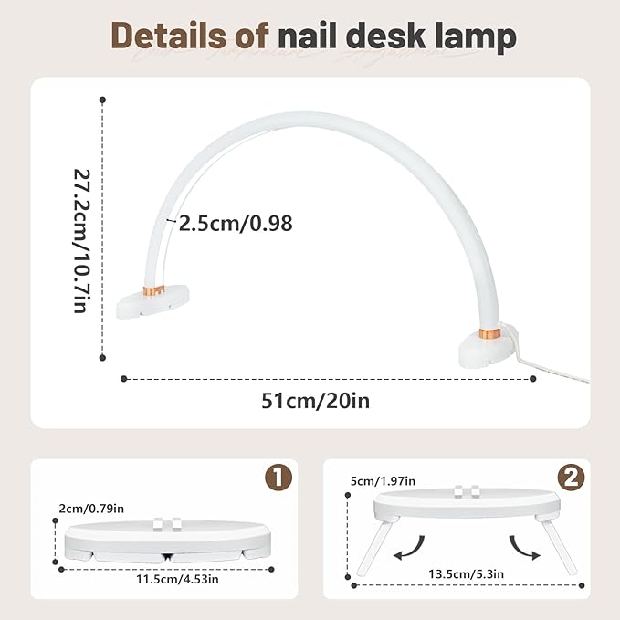 BZJ 20-Inch Half Moon Nail Light for Desk Portable Nail Art Table Lamp with Adjustable Brightness and Color Temperature for Beauty Eyelash Extensions Tattoo Crafts