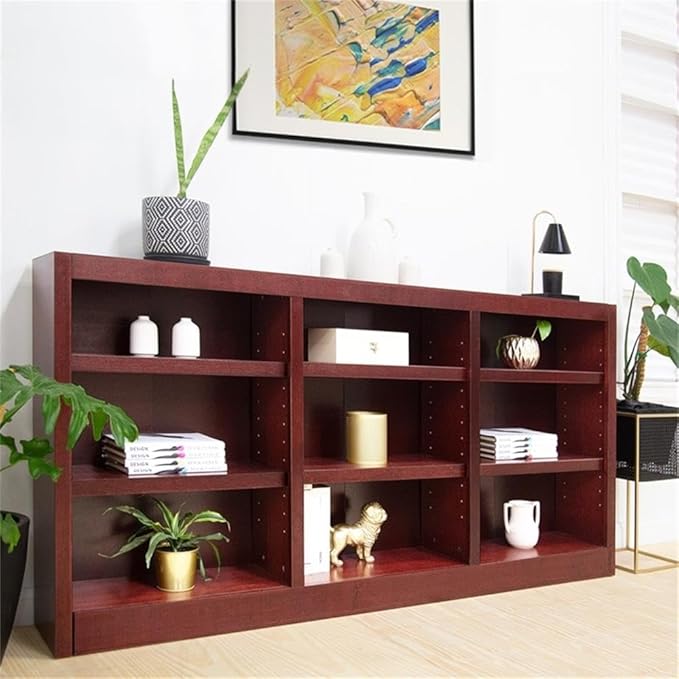 Traditional 36" Tall 9-Shelf Triple Wide Wood Bookcase in Cherry