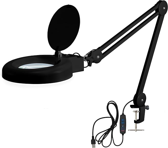 Neatfi LED Magnifying Lamp with Clamp | 12W | 60 SMD LEDs | 1,200 Lumens | Adjustable Step Dimming | 2.25x Magnification Desk Lamp Magnifier for Crafts, Painting, and Hobbies (Black, 5-Diopter)