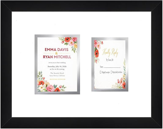 Invitation and RSVP Card Frame Black Double Mat White Over Metallic Silver Ceremony Keepsake Display Made in the USA