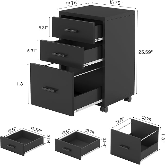 Triebsigns 3 Drawer File Cabinet, Vertical Mobile Filing Cabinet, Under Desk Rolling Printer Stand for Home Office, fits A4 or Letter Size (Black)