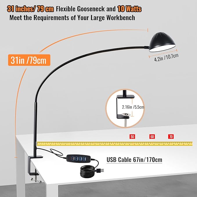 Long Gooseneck Clamp Lamp, Clip Desk Lamp with Clamp, 10W, 1100 LMS, 3 Color Modes, 10 Brightness Levels, 31 Inches Long Flaxible Gooseneck, Perfect for Craft, Reading, Home, Office