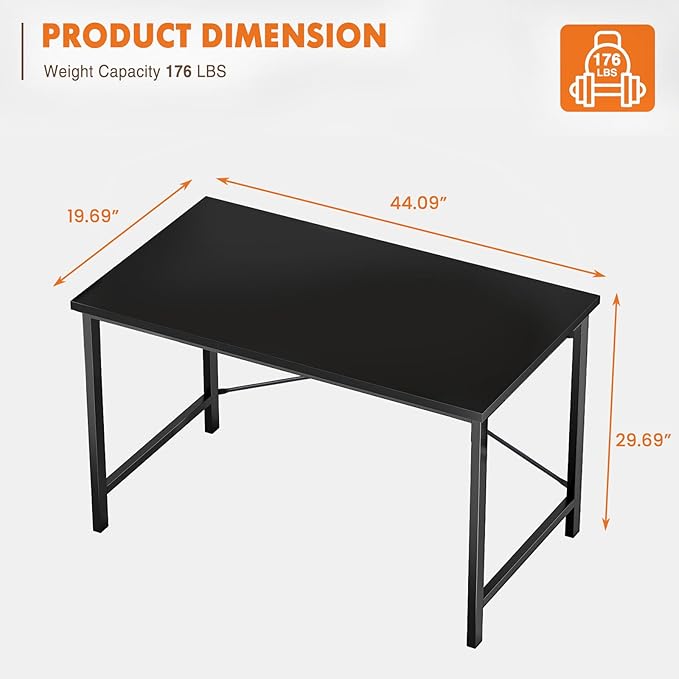 Sweetcrispy Small Computer Desk,44 Inch Office Writing Work Desk with Metal Frame Wooden Tabletop, Student Study Home Bedroom Table with X-Shaped Reinforcement, Black