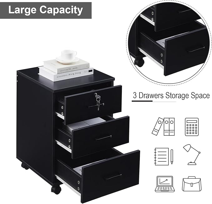 3 Drawer Mobile File Cabinet with Lock, Wooden Under Desk Filing Cabinet with Wheels, Small Rolling Storage Cabinet for Home Office Organizer A4/Letter Size/Legal, Black