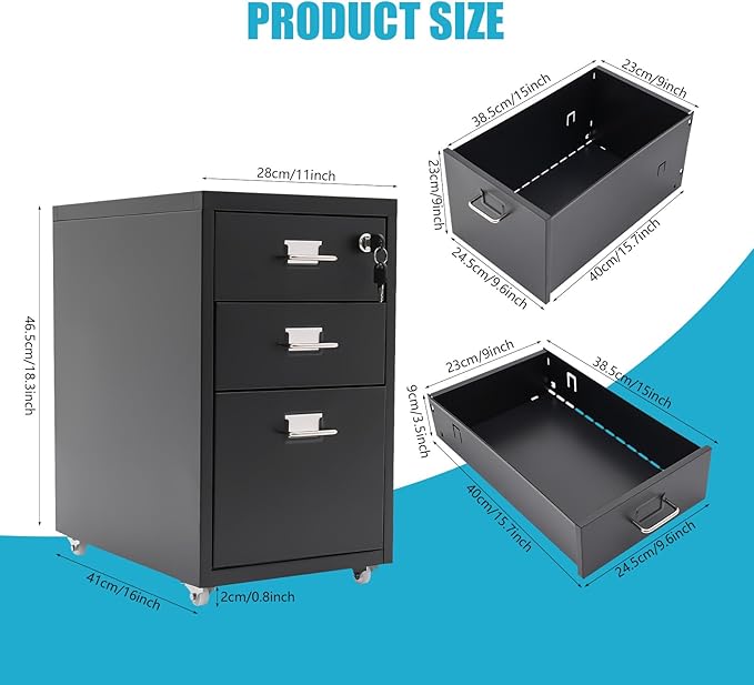 3 Drawer Vertical File Cabinet, Filing Cabinets for Home Office, Metal Vertical File Storage Cabinet with Lock, Locking File Cabinet for Office, Study, Dresser, 11" W x 16" D x 18.3" H, Black (Black)