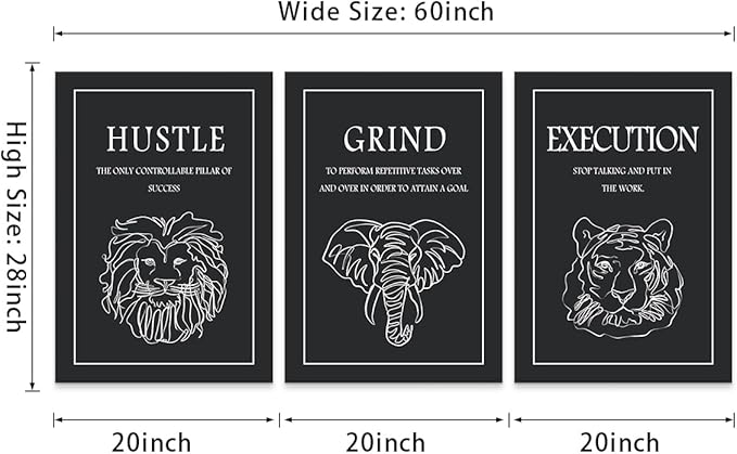 3 Panel Grind Hustle Execution Wall Art - Black & White Motivational Wall Decor Office Pictures Artwork Inspirational Quote Canvas Prints for Living Room Gym Home, Framed & Ready to Hang 20"x28"x3