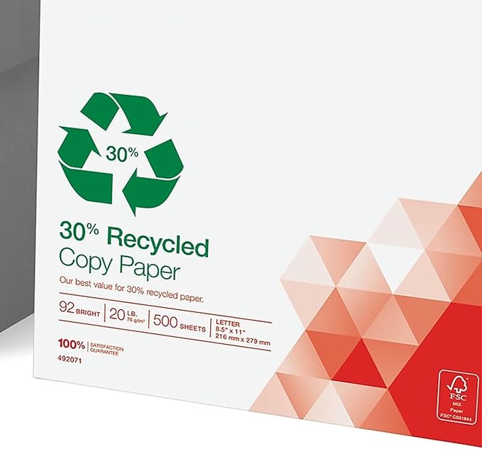 Staples 30% 8.5 x 11-Inch Copy Paper, 20 lbs., 92 Brightness, 500 Sheets/Ream, 5-Ream/Carton