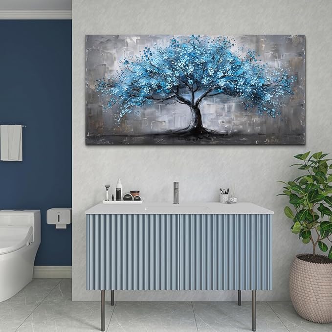 FUHAIHUA Canvas Wall Decor For Bedroom Large Wall Art For Living Room Office Decortions Black And White Paintings Blue Trees Wall Pictures Framed Mural Aesthetic Home Decor Posters Artwork 24x48 In