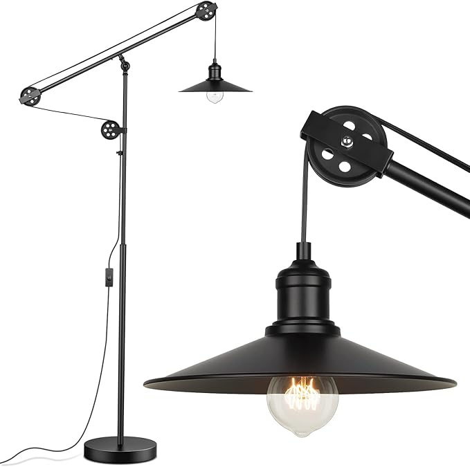Adjustable Industrial Floor Lamps for Living Room - Rustic Reading Lamp with Pulley System, Modern Farmhouse Indoor Pole Task Lamp, Vintage Tall Standing Lamps for Bedroom Office, Blackened Bronze
