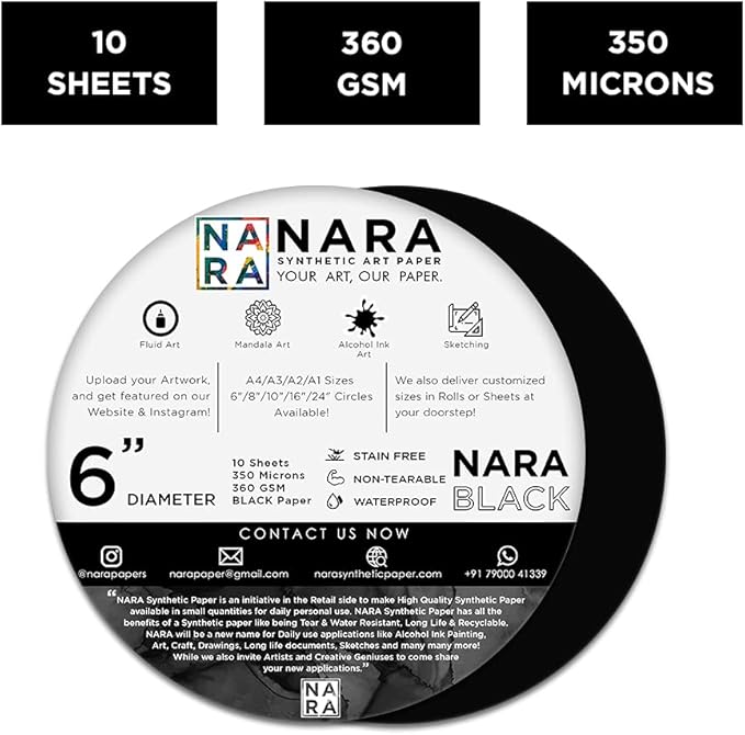 NARA Alcohol Ink Paper | Black | 6” Diameter Circle | 350 microns/360 GSM | 10 Sheets | Medium+ Paper | Paper for Alcohol Ink Art Painting | 100% Stain-Free