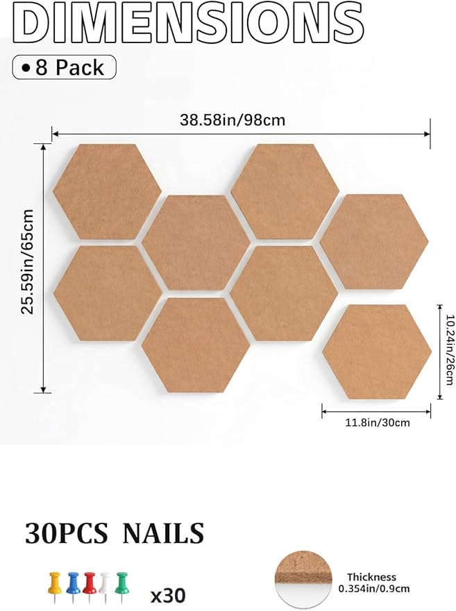 12" Large Bulletin Board with 30 Push Pins, Pack of 8 Hexagon Felt Pin Board Notice Boards for Home Office, Felt Wall Tiles for Photos Memos (Brown)