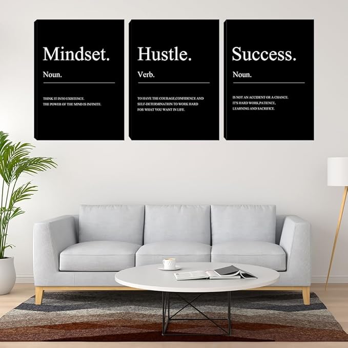 Motivational Wall Decor Black Mindset Canvas Wall Art Hustle Posters Prints Inspirational Entrepreneur Quote Office Decor Success Paintings Home Bedroom Living Room Framed Decorations (60" Wx28 H)