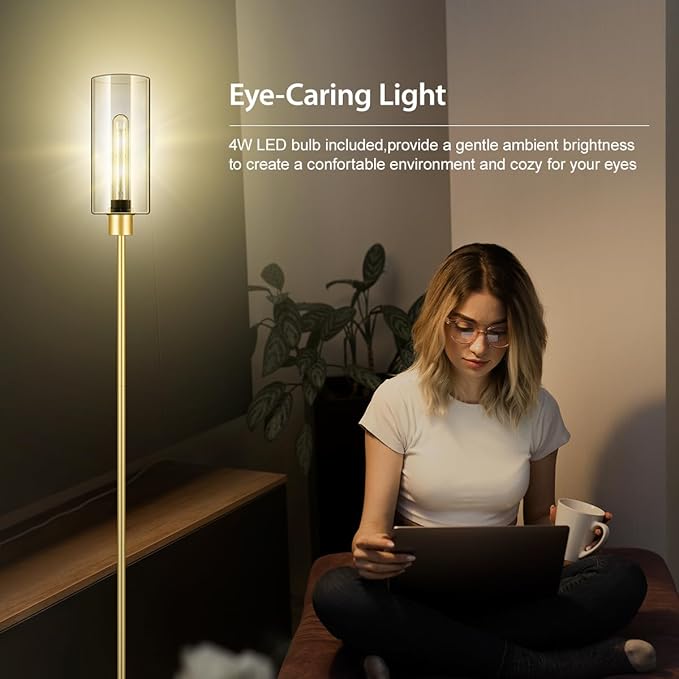 BoostArea Gold Modern Floor Lamp With Glass Lampshade - Simple Design Standing Lamp for Living Room, Bedroom, Office, Kids Room, Reading