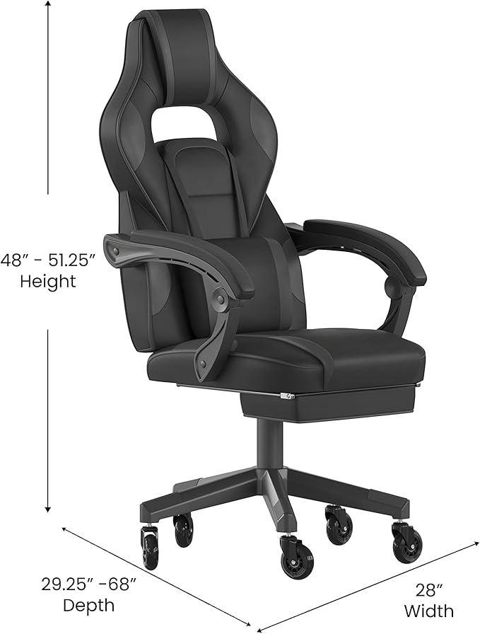 Flash Furniture X40 Gaming Chair Racing Computer Chair with Fully Reclining Back/Arms and Transparent Roller Wheels, Slide-Out Footrest, - Black/Gray