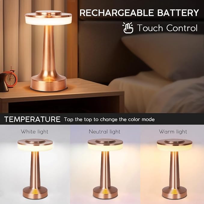 Cordless Metal Desk Lamp, Touch Sensor Control LED Table lamp,3 Color Stepless Dimmable Battery Powered Lamp for Living Room, Dorm, Home Office (Matte Rose Gold)