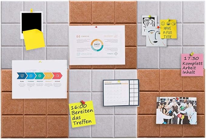 Large Felt Board Tiles for Wall with 30 Push Pins, 11.8"x11.8" Pack of 6 Pin Board Notice Boards for Home Office Kitchen, Bulletin Board Wall Tiles for Photos Memos (Orange+Grey, 6 Pack)