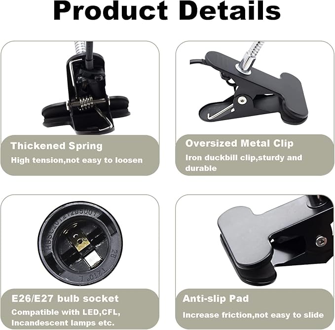 Clip Desk Lamp Socket 2 Pack Flexible Gooseneck Lamp Stand Clip-On with Switch Plugs Clip on Light with Flexible Neck Portable Clip on Light Metal Clip Holder Desk Study Clamp Lamp