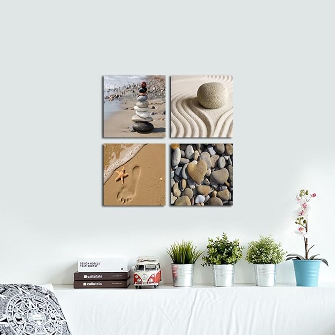 Wieco Art Romantic Beach Theme 4 Piece Modern Giclee Artwork Sea Beach Ocean Canvas Prints Contemporary Abstract Seascape Pictures Paintings on Canvas Wall Art for Bedroom Home Decorations