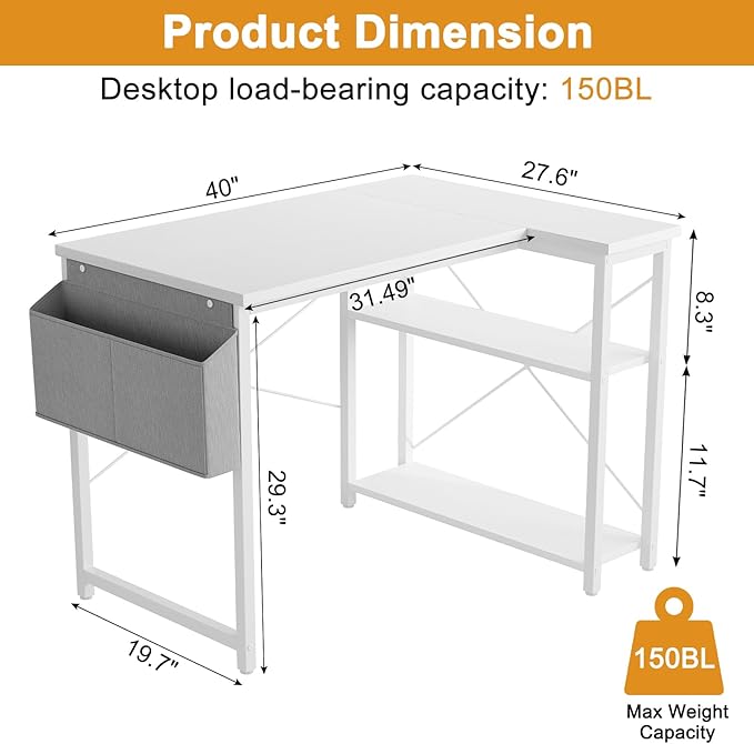 Grandder L Shaped Computer Desk with Reversible Shelves, 40 Inch Small Corner Desk with Storage Bag, Gaming Desk Computer Table Study Writing Desk for Home Office Small Space, White