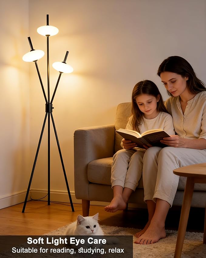 Lightdot Tripod Floor Lamp Stepless Dimmable Black Standing Tall Lamps with 3PCS Elliptical Lampshades Mid Century Modern Floor Lamps for Living Room/Bedroom/Sofa Beside/Corner Decor