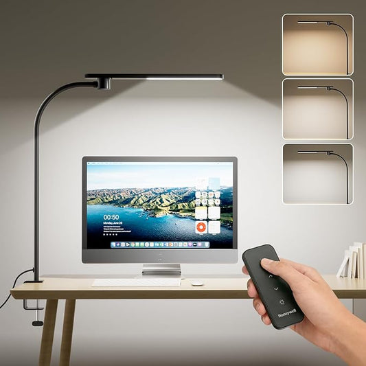 Honeywell HJ2 Sunturalux™ Clamp LED Desk Lamp, CRI≥97 Full-Spectrum Eye-Caring Light, 3 Color Modes & Stepless Dimming, 16" Flexible Gooseneck for Reading, Home Office, Art Creation (Black)