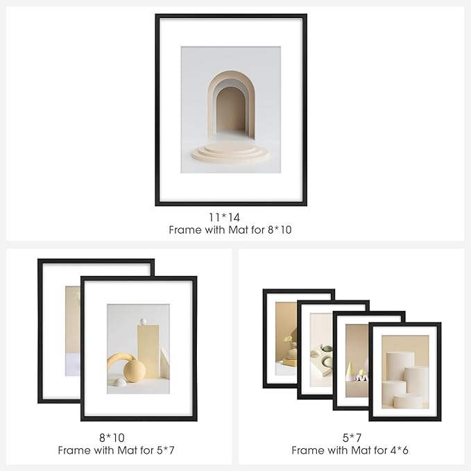 Frametory, Aluminum Picture Frames Set of 7 - Black Gallery Wall Kit - Displays One 11x14, Two 8x10, and Four 5x7 inch Photos for Home Decoration
