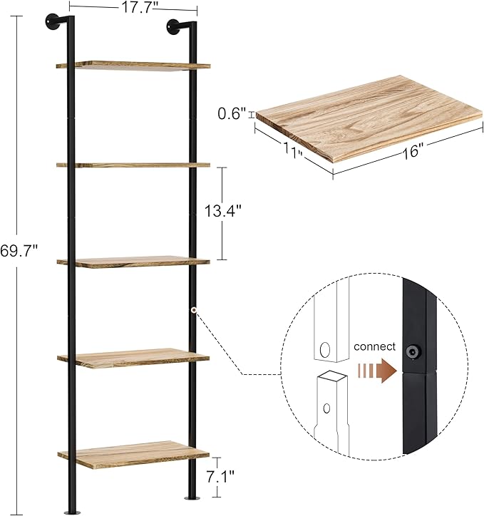 5-Tier Bookshelf Solid Wood Ladder Shelf, Narrow Book Shelf Display Shelf, Wooden Bookcase, Wall Mount Ladder Shelf, Storage Rack for Living Room, Bedroom, Industrial Style, Rustic Brown