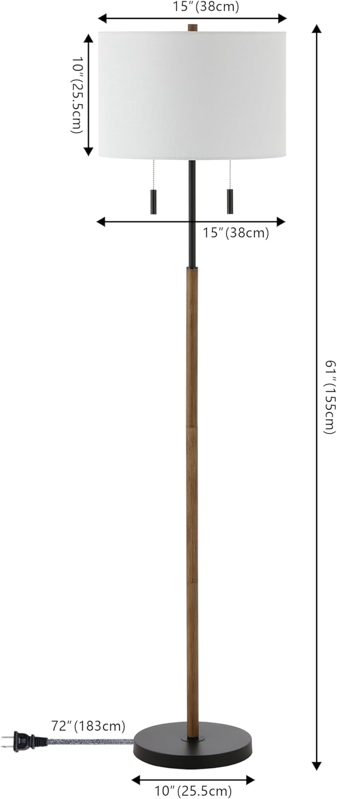 JONATHAN Y 61" Brown Wood/Black 2-Light Iron Candlestick LED Floor Lamp, Rustic Farmhouse Standing Lamp with Dual Pull Chains, White Linen Shade, LED Bulbs Included JYL1141A