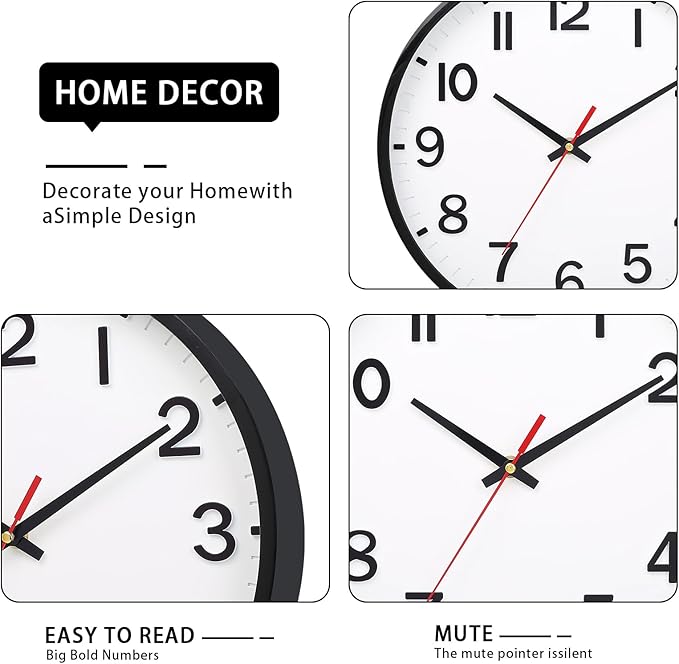 Wall Clocks Battery Operated 12 inch Modern Wall Clock,Silent Non Ticking Wall Clock for Living Room Bedroom Kitchen Office Classroom Decor (White and Black)