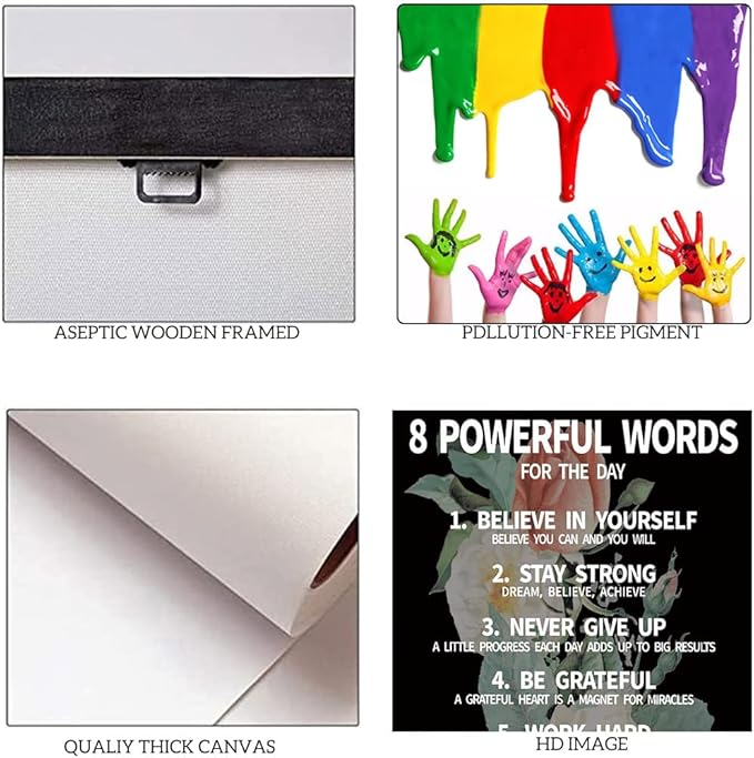 Inspirational Office Quotes Sayings - 8 Powerful Words for The Day Canvas Decoration Paintings with Flower Background Suitable for Office School Library Home Wall Hangings HD Print-12 x16 inch