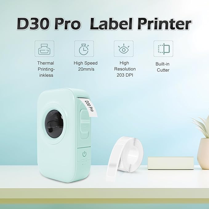 D30 PRO Label Printer Pocket Smartphone Label Maker BT Wireless Thermal Printing 203DPI Support 15mm Width Adhesive DIY Date Journal Study Sticker Compatible with Android iOS for Home Office