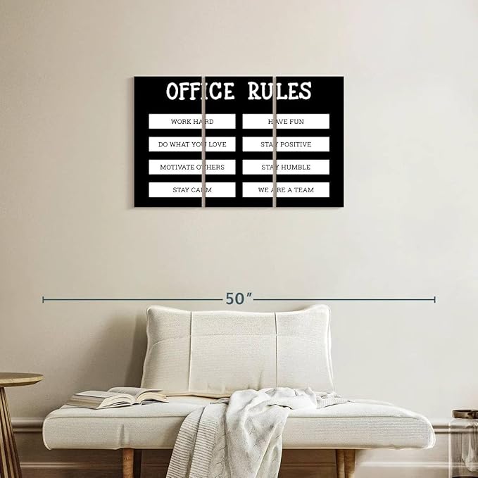 Elephant Stock - Office Rules Wall Art - Horizontal Multi Panel Canvas - 3 Piece Home Office Wall Decor - Digital Art Motivational Typography Multi Piece Wall Art - Black And White Decor by Cad Designs - 33" x 20"