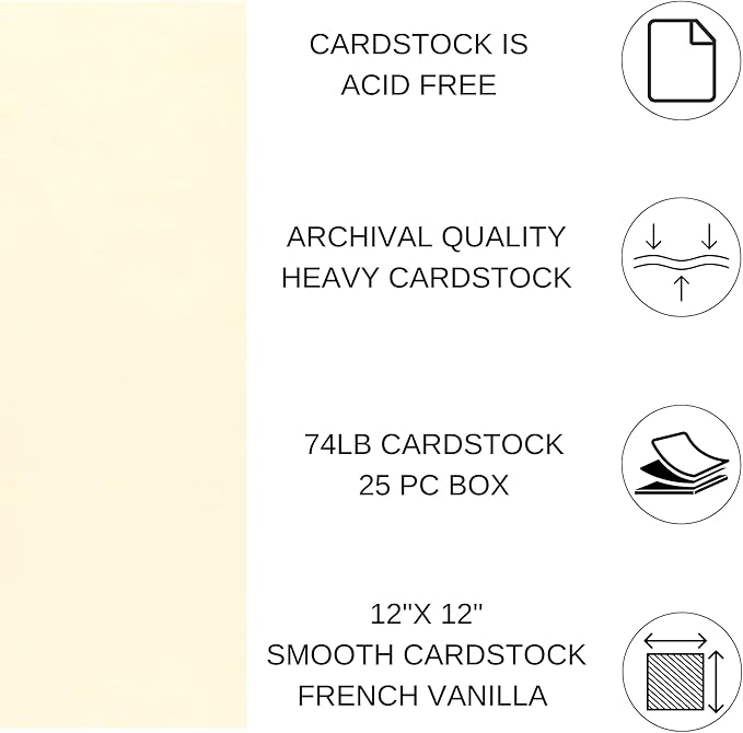 PA Paper Accents Smooth Cardstock 12" x 12" French Vanilla, 74lb colored cardstock paper for card making, scrapbooking, printing, quilling and crafts, 25 piece pack