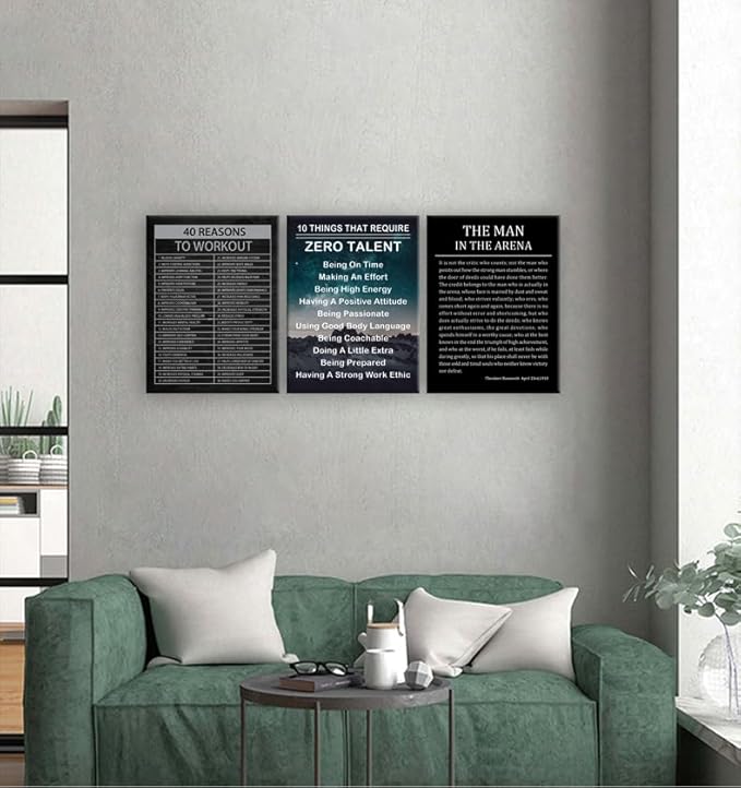 WYJZDZQ8 The Man In The Arena Inspirational Canvas Office 3 Panel Print Wall Art Motivational 40 Reasons to Workout Poster Painting Modern Inspiring Artwork for Home Classroom Decor[36''Wx 16''H]