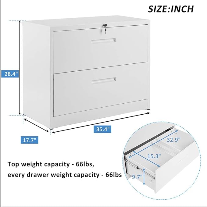 Lateral File Cabinet, 2 Drawer Metal Lockable Filing Cabinet for Commercial Grade Office Legal and Letter File (White)