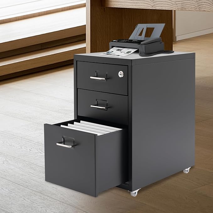 3 Drawer File Cabinet with Lock, Metal Vertical Filing Cabinets for Home Office Organizer Rolling File Cabinet with Lock and Wheels Under Desk Storage Cabinet (Black)