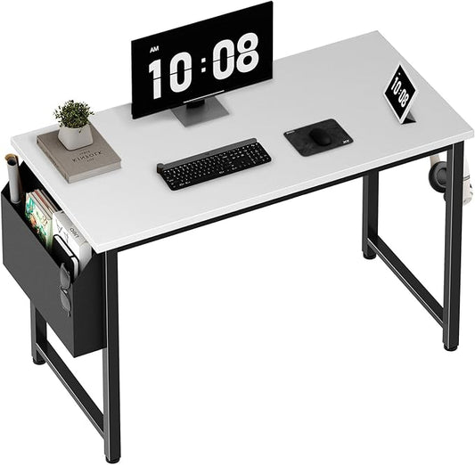 Lufeiya Computer Desk White Writing Table for Small Spaces Home Office 39 Inch Modern Study PC Desk with Storage Bag Hook, White Black