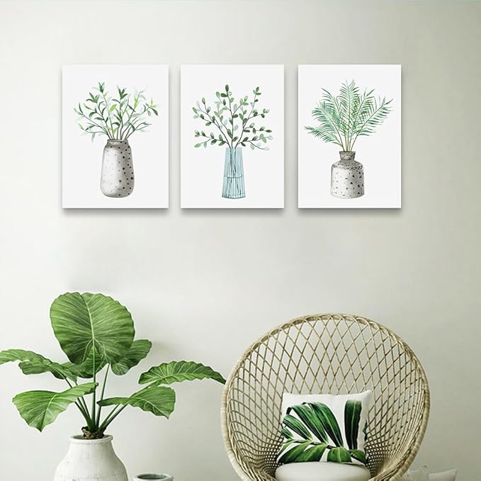 DZRWUBHS 3pc Canvas Wall Art - Green Leaf Vase - Framed Wall Painting for Dining Room - 12x16in