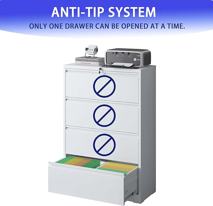 4 Drawer Lateral File Cabinet with Lock for Home Office Metal Filing Cabinet with Adjustable Hanging Rails Horizontal Filing Organization Storage Cabinet for Letter/Legal/A4/F4 Size White