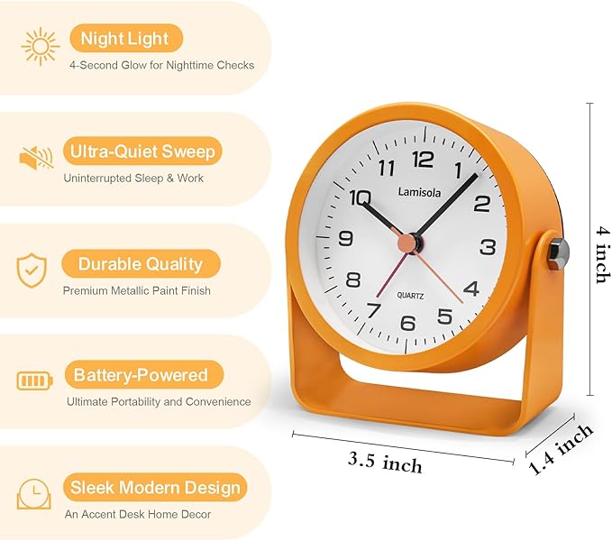 3.5 Inch Small Desk Alarm Clock, Battery Operated Analog Silent Clock with Night Light, Retro Vintage Metal Bedside Clock for Bedroom, Office, Bathroom, Dorm, Shelf, Table - Orange