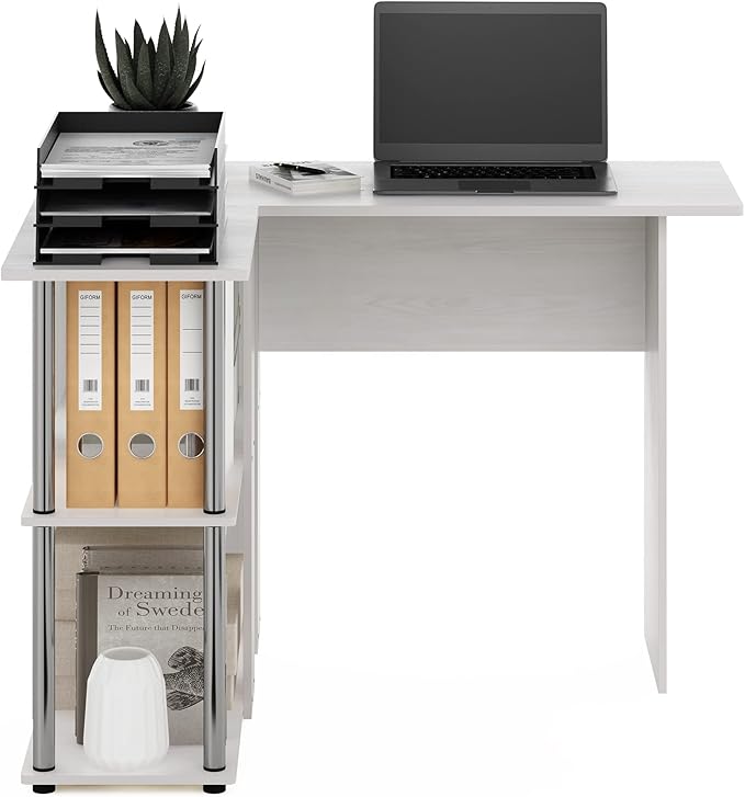 Furinno Abbott L-Shape Desk with Bookshelf, White Oak/Chrome