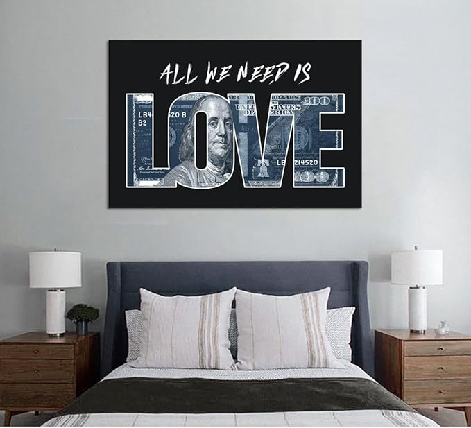 Inspirational Money Dollar Canvas Paintings Wall Art All We Need Is Love (Money) Artwork Modern Home Decor Motivational Framed Office Art Easy to Hang-24x36 inches