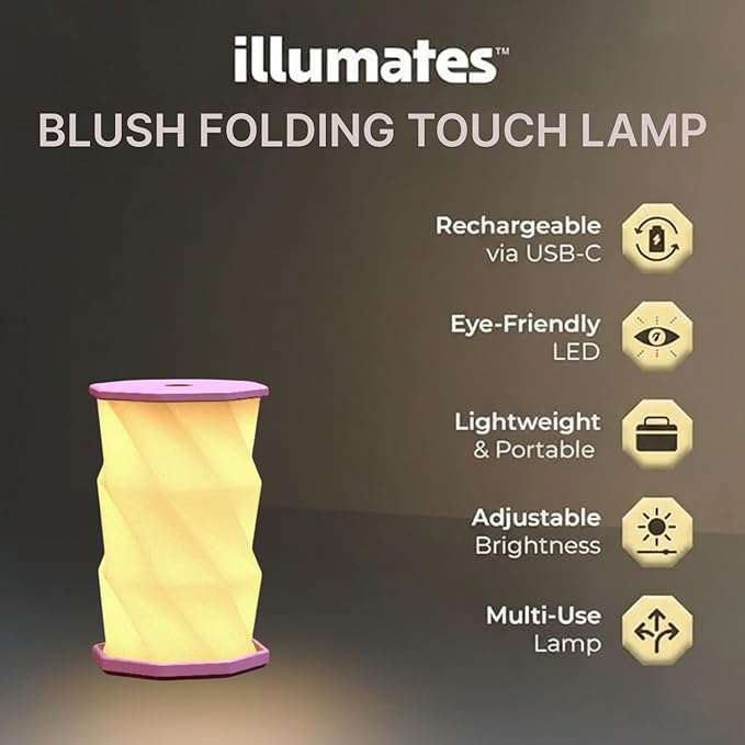 Origami Expanding Foldable LED Desk Lamp – USB Rechargeable & Portable - Dimmable Touch Control Light with Adjustable Height up to 5 1/2 for Office, Travel, Bedside - Sleek & Modern Design (Blush)
