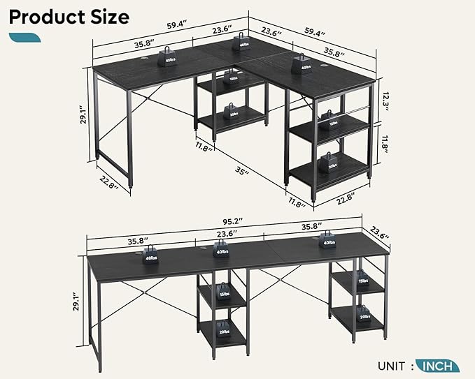 Bestier 95.2” L Shaped Desk, Reversible Corner Computer Desk or 2 Person Long Table with Adjustable Shelves, Large Writing Study Workstation with 3 Cable Holes - Black