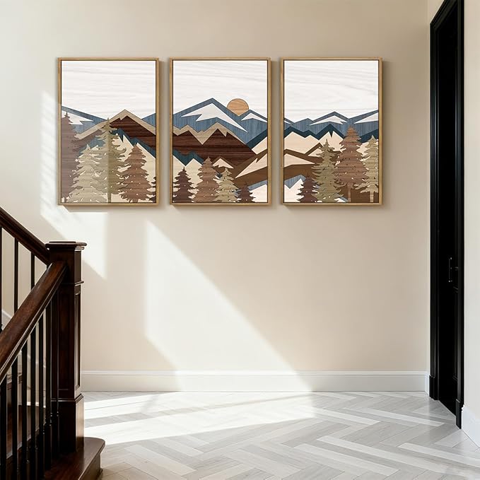 BINCUE Mountain Wall Art Rustic Farmhouse Wall Paintings Vintage Mountains Wall Decor Boho Mountain Artwork for Living Room Bedroom 16x24 Inch Set of 3